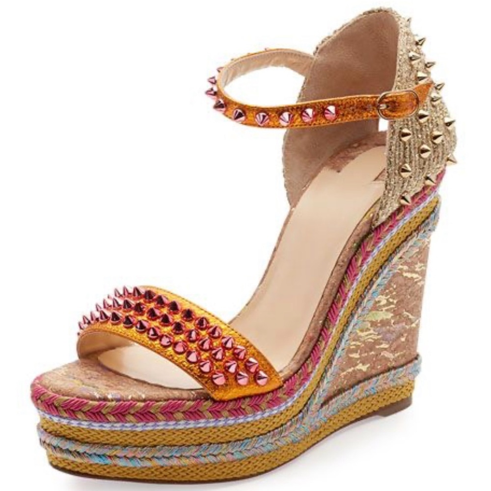 Christian Louboutin Gold Pink Orange Spiked Full Moon Madmonica Wedges 37